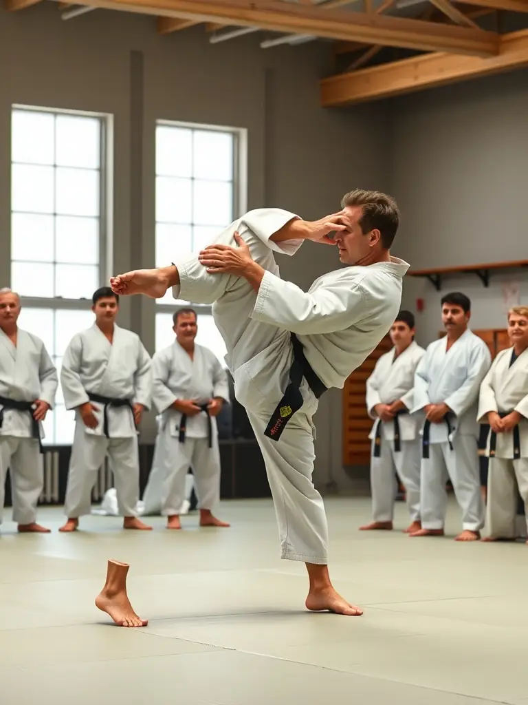 A photo of a seminar at ARCNJDA AMICALE RUTHENOISE DES CEINTURES NOIRES DE JUDO ET DISCIPLINES ASSOCIEES, with a guest instructor demonstrating a specialized judo technique.