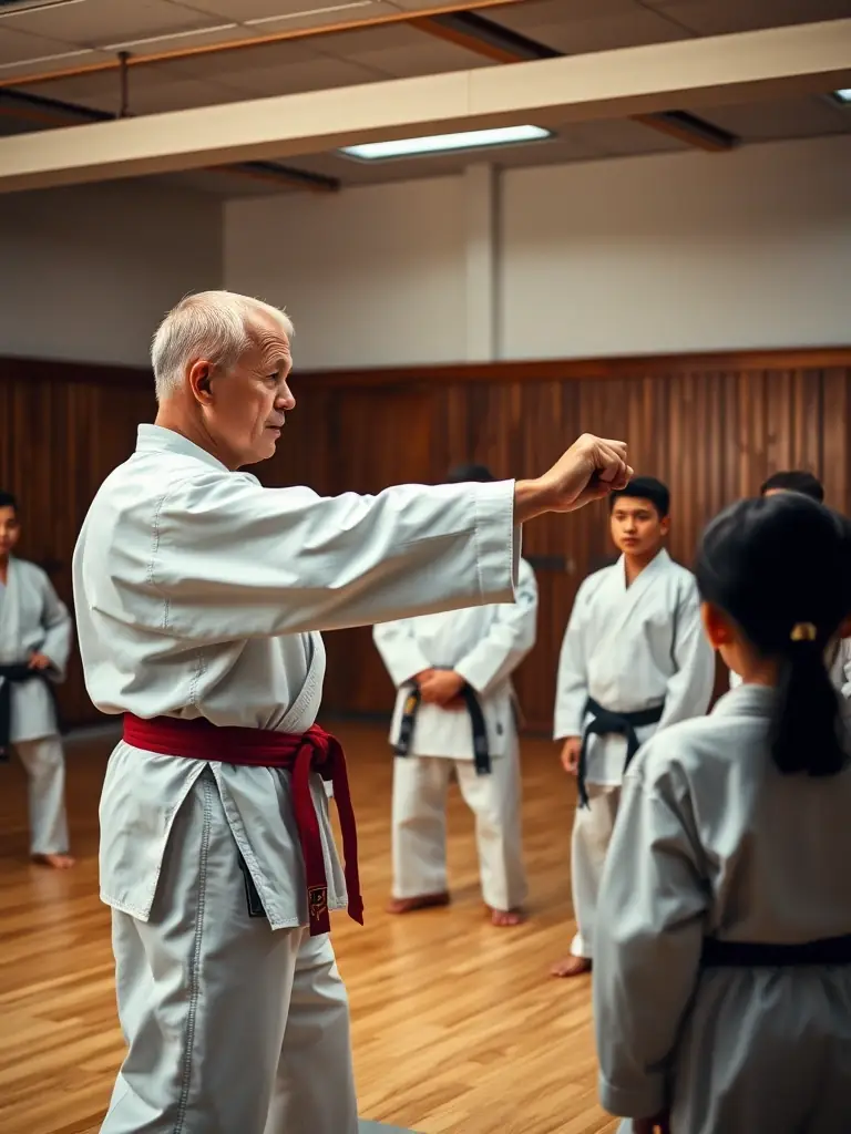 A seminar in progress with a senior judo instructor demonstrating a technique to a group of attentive students.
