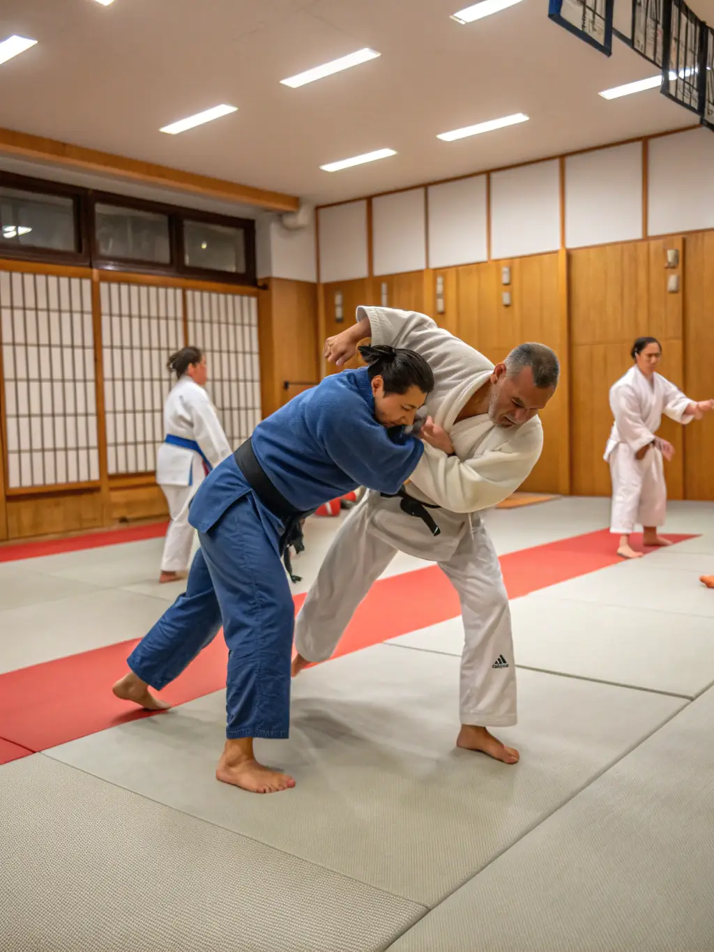 A diverse group of children and adults participating in a judo class, demonstrating the inclusive nature of the club.